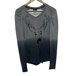 Sportalm Kitzbühel Top Womens S Gray Deer Holiday V Neck Long Sleeve TShirt
